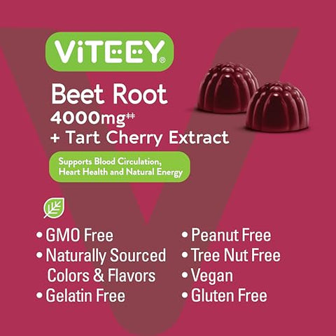 Viteey - Gummies de Beterraba 4000mg Cereja Azeda – Suporte para Pressão Arterial Saudável – Vegano, Sem Gelatina, Sem Glúten – Goma de Beterraba Saborosa e Mastigável