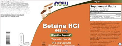NOW Foods - Now Betaine HCl 648mg 240 Cápsulas Vegetais – Suplemento Enzimático Digestivo – Enriquecido com Pepsina Protease para Suporte à Digestão de Proteínas