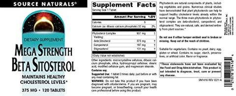 Mega Strength Beta Sitosterol 375mg – 120 Comprimidos | Suplemento de Saúde para o Sistema Imunológico e Cardiovascular - Source Naturals