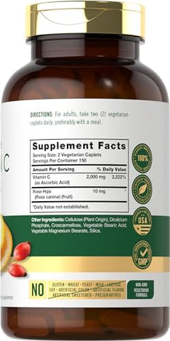 Vitamina C 1000mg | 300 Cápsulas Vegetarianas | Ácido Ascórbico com Rosa Mosqueta | Fórmula de Alta Potência | Suplemento Livre de OGM e Glúten - Carlyle