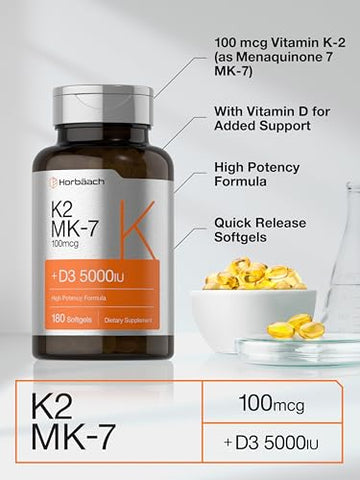Vitamina D3 K2 | 5000 UI de Vitamina D | 60 Cápsulas | Saúde Óssea e Imunidade - Horbäach
