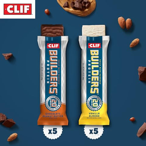 CLIF BUILDER'S - CLIF Builders – Pack Variado de Barras de Proteína à Base de Plantas – Chocolate Peanut Butter e Vanilla Almond – Sem Glúten – Não-OGM – Baixo Índice Glicêmico – 20g de Proteína – 68g (10 unidades)