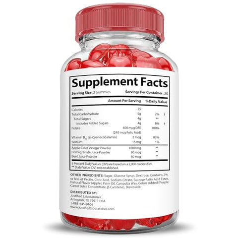 Justified Laboratories - Trim Tummy Keto Gummies ACV 1000MG Fórmula Avançada Maçã Vinagre de Cidra com Romã Beterraba B12 Vegano Não GMO 60 Gomas