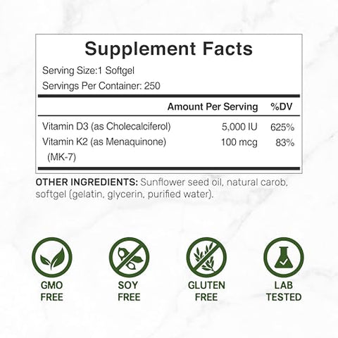 Vitamina D3 K2 Softgel, 250 Unidades, Complexo 2-1, Vitamina D3 5000 UI – Comprimidos de Alta Potência - DEAL SUPPLEMENT