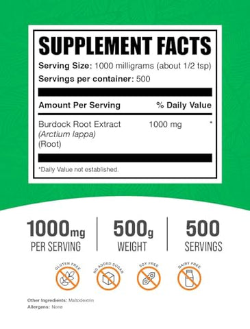 Burdock Root Extract Powder BulkSupplements.com – Suplemento de Raiz de Bardana, Pó de Raiz de Bardana – Herbal, Sem Glúten, 1000mg por Porção, 500g (1.1 lbs) (Embalagem de 1)