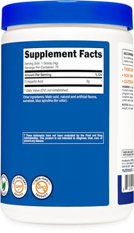 D-Aspartic Acid (DAA) em Pó 300g (Sabor Framboesa Azul) – Suplemento em Pó de Ácido D-Aspártico Aromatizado - Nutricost