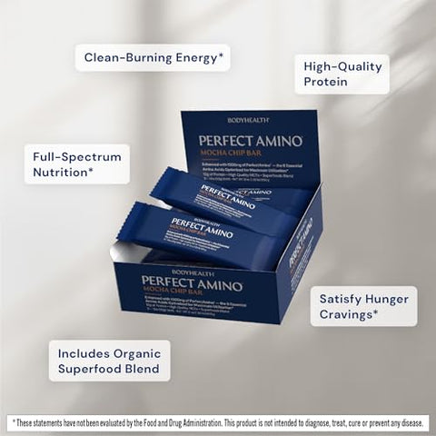 Barra de Proteína BodyHealth PerfectAmino com 10g de Proteína, MCT à Base de Plantas, Mistura de Superfoods, Kosher (Brownie, 12 Unidades)