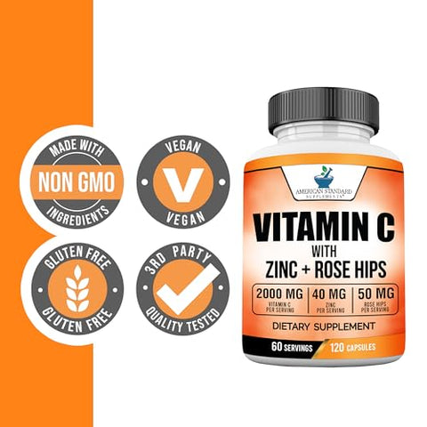 Vitamina C 2000mg, Zinco 40mg e Rose HIPS 50mg Por Porção – Vegano, Sem Glúten, Não-OGM, 120 Cápsulas, 60 Porções - American Standard Supplements
