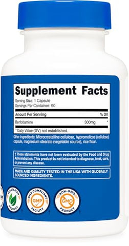 Benfotiamina 300mg, 90 Cápsulas – Sem Glúten, Não-OGM, Amigável aos Vegetarianos - Nutricost