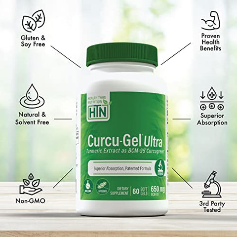 Health Thru Nutrition - Curcu-Gel 650mg BCM-95® Curcugreen | Cúrcuma Curcumina | Alta Absorção | Resposta Saudável à Inflamação | Estudo Clínico | Testado por Terceiros | Não-OGM