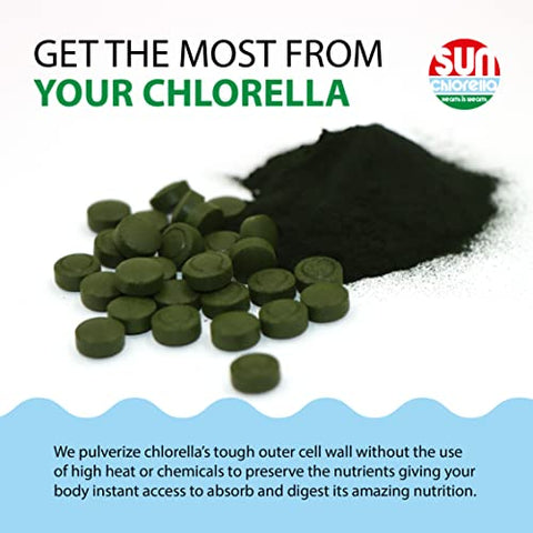 200 mg – Superalimento de Alga Verde em Comprimidos – Parede Celular Pulverizada – Clorofila, CGF, B12 Ativa, Ferro, Proteína – Não-OGM – 300 Comprimidos - Sun Chlorella