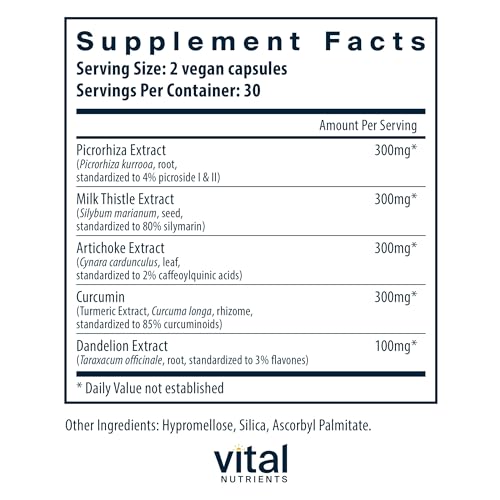 Liver Support II com Picrorhiza, Cardo Mariano e Curcumina | Suplemento Vegano | Combinação Herbal para Apoiar a Função Saudável do Fígado | Sem Glúten, Laticínios e Soja | 60 cápsulas - Vital Nutrients