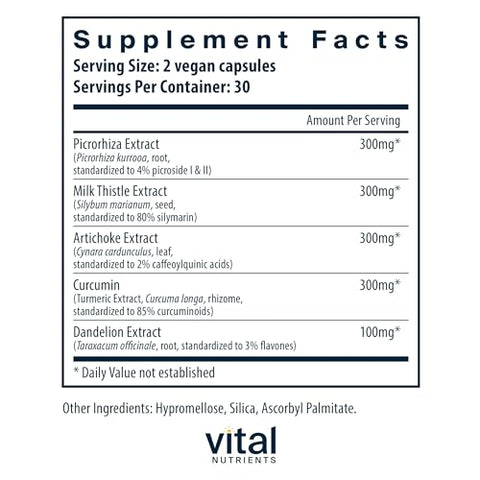 Liver Support II com Picrorhiza, Cardo Mariano e Curcumina | Suplemento Vegano | Combinação Herbal para Apoiar a Função Saudável do Fígado | Sem Glúten, Laticínios e Soja | 60 cápsulas - Vital Nutrients