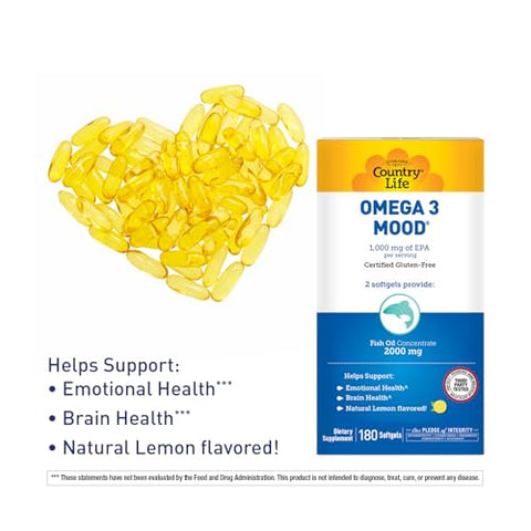 Ômega 3 Óleo de Peixe – Alta Concentração de Ácidos Graxos Ômega 3 EPA e DHA – 2000mg Óleo de Peixe para Saúde Emocional, Suporte ao Humor e Sem Sabor de Peixe – Natural - Country Life