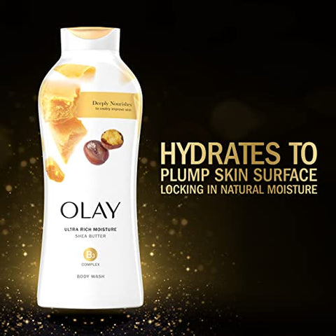 Ultra Rich Moisture Body Wash para Mulheres, Nutrição Profunda, Complexo de Vitamina B3, Comprovado Clinicamente, Fragrância de Manteiga de Karité, 22 fl oz (Pack de 4) - Olay