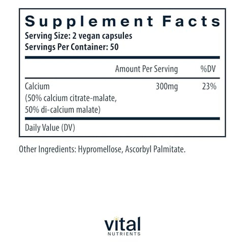 Complexo de Citrato e Malato de Cálcio 150mg | Suplemento Vegano | Suporte à Força Óssea, Muscular e Cardiovascular* | Livre de Glúten, Laticínios e Soja | 100 Cápsulas - Vital Nutrients