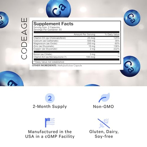Cálcio 500mg, Vitamina D3, Magnésio, Zinco, Cobre, Boro, Vitamina K2 – Suprimento de 2 Meses – Comprimidos de Cálcio Elemental - Codeage