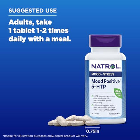Mood Positive 5-HTP 50mg com L-Theanine, Vitamina B6, Vitamina B12 e Folate – Suplemento Alimentar para Apoiar um Humor Positivo – 50 Comprimidos, Fornecimento de 25-50 Dias - Natrol