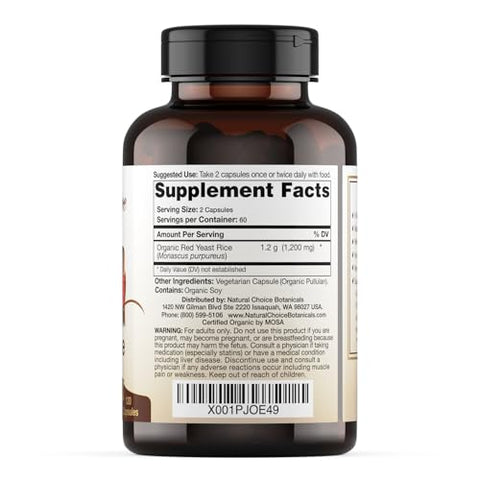 Natural Choice Botanicals - Suplemento de Arroz Vermelho Orgânico Certificado – 120 Cápsulas, 2 Meses de Fornecimento – Marca em Destaque