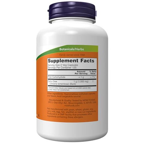 NOW Foods - NOW Supplements, Garra do Gato 500 mg, Verificado pelo Projeto Non-GMO, Suplemento Herbal, 250 Unidades (Embalagem de 1)
