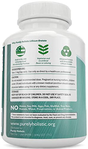 Purely Holistic - Lithium Orotate 5mg – 180 Cápsulas Vegetarianas de Lítio, Auxilia no Equilíbrio do Humor, Comportamento, Memória e Bem-Estar