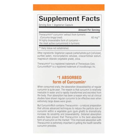 CurcuminRich Double Strength Theracurmin 60mg – Fórmula de Absorção Superior – 60 Cápsulas - Natural Factors