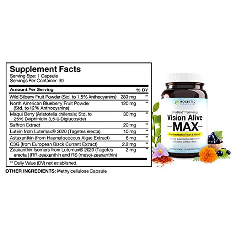 Holistic Health Labs - Visão Viva Max com 8 Ingredientes Naturais Lutemax® 2020, Mirtilos, Mirtilos Azuis, c3g de Groselha Negra, Maqui Berry, Açafrão e Astaxantina (30 Unidades – Pacote de 2)