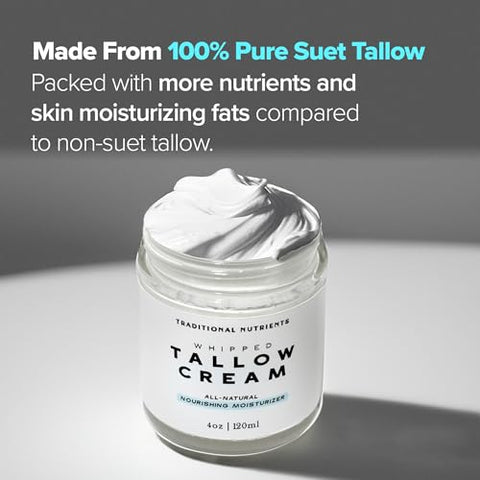 TRADITIONAL NUTRIENTS - Creme de Pele de Talo Batido GRASS FED Puro, Sem Aditivos, Creme Facial de Talo, Loção de Talo, Pote de Vidro, Bálsamo de Talo, Hidratante de Talo de Boi (240 ml)
