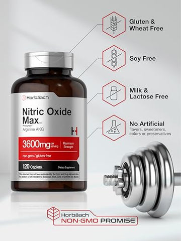 Nitric Oxide Max 3600mg | 120 Cápsulas | com Arginina AAKG para Homens e Mulheres | Vegetariano, Não-OGM | Marca Horbäach - Horbäach