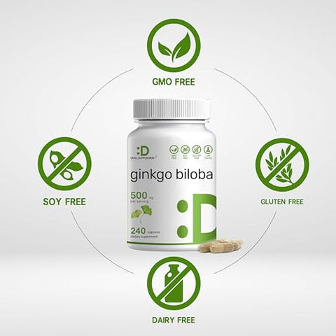 Ginkgo Biloba 500mg por Porção, 240 Cápsulas, 4 Meses de Fornecimento – Cultivado no Norte da Ásia – Extra Forte, Promove a Função Cerebral - DEAL SUPPLEMENT