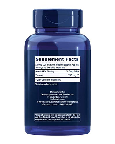 Taurine Powder – Suporte Cardiovascular Saudável, Promove Saúde Cerebral, Envelhecimento Saudável e Recuperação Muscular e de Exercícios – Sem Glúten, Não-OGM, Vegetariano – 300g - Life Extension