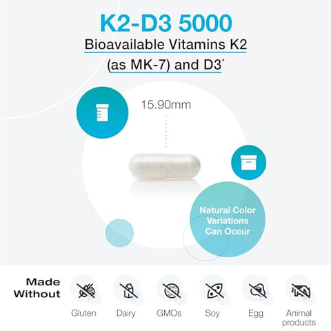 K2-D3 5000 – Vitamina D3 K2 – Vitamina D 5000 UI (Colecalciferol) com Vitamina K2 MK-7 – Saúde do Coração, Arterial e Óssea – Suporte Imunológico (120 Cápsulas) - XYMOGEN