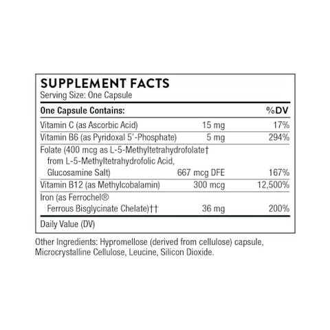 THORNE - Thorne Ferrasorb – Fórmula Completa de Suporte Sanguíneo com 36 mg de Ferro e Nutrientes Essenciais – Ferro Elemental, Ácido Fólico, Vitaminas B e C para Absorção Ótima – Livre de Glúten – 60 cápsulas