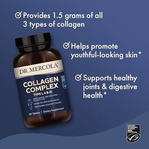 Complexo de Colágeno em Comprimidos, 30 Porções (90 Comprimidos), Suplemento Alimentar, Promove Pele com Aparência Jovem, Não-OGM, Certificado MSC - Dr. Mercola