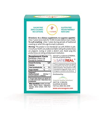 Gum com Extrato de Açafrão Satiereal – Controle o Lanche Compulsivo, a Compulsão Alimentar e os Desejos para uma Gestão Saudável do Peso – Melhore o Humor – Menta Crocante, 4 Caixas de 7 Pacotes - UNCRAVE