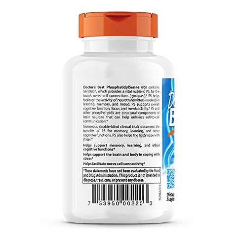 Doctor's BEST - Doctor’s Best Phosphatidyl Serine 100 – 120 Cápsulas | Potência Cognitiva | Memória e Concentração | 100% Natural