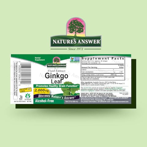 Nature's Answer - Nature’s Answer Extrato de Folha de Ginkgo Biloba Sem Álcool, 60 ml, 2 Unidades | Suporte para um Cérebro Saudável | Promove a Função Cognitiva | Aumenta a Clareza Mental | Auxílio Natural para Concentração