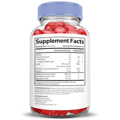 Justified Laboratories - (2 Pacotes) Gomas Microbio Keto ACV Fórmula Avançada 1000MG Micro Bio Keto Gomas Vinagre de Maçã Formulado com Romã e Beterraba em Pó B12 Vegano Não GMO 120 Gomas