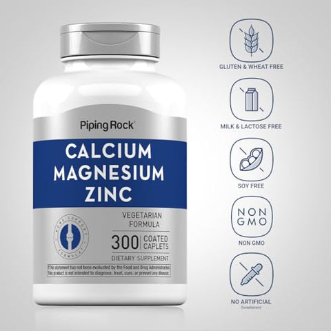 Suplemento de Cálcio Magnésio Zinco | 300 Comprimidos Revestidos | Livre de Transgênicos, Sem Glúten - Piping Rock