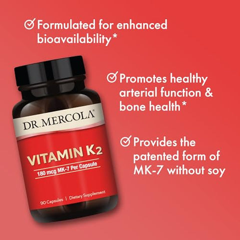 Vitamina K2, 90 Porções (90 Cápsulas), 180 mcg MK-7 Por Cápsula, Suplemento Alimentar, Promove Função Arterial Saudável, Não-OGM - Dr. Mercola