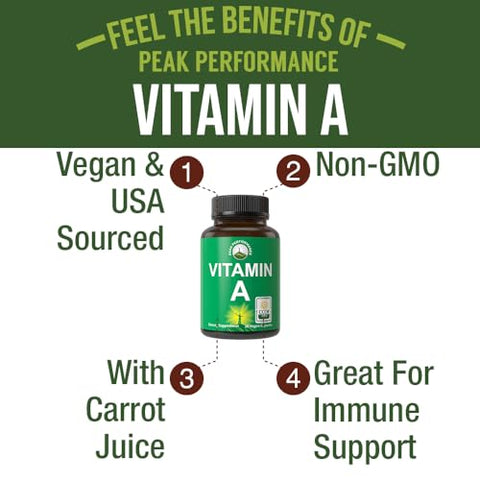 Vitamina A Orgânica Certificada 5000 UI Cápsulas de Suplemento de Alta Potência Feitas com Suco de Cenoura Orgânica. Ótimo para Suporte Imunológico, da Pele e dos Olhos. Não-OGM, 5000 UI - Peak Performance