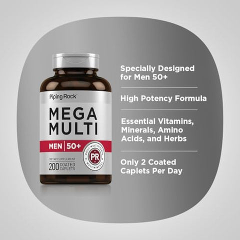 Mega Men 50 Plus | Multivitamínico para Homens 50+ | 200 Comprimidos | Multivitaminas Mega Men | Diário | Sem OGM, Sem Glúten | Frete Grátis - Piping Rock