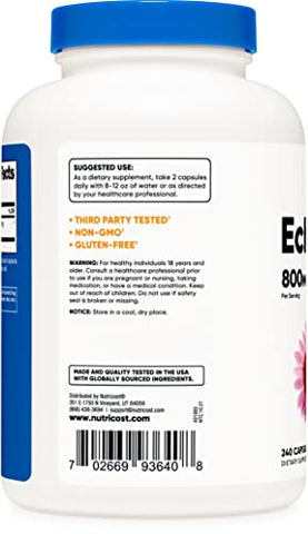 Echinacea 800 mg – 240 Cápsulas, 2 Frascos – Cápsulas Vegetarianas, Não Transgênicas, Livres de Glúten – 120 Porções - Nutricost