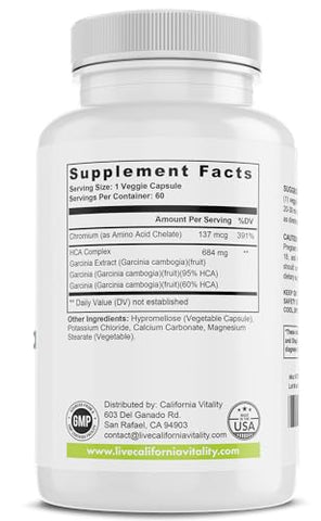 California Vitality - Garcinia Cambogia 95% HCA 60 Cápsulas com Cromo – Fabricado nos EUA, Vegano, Não-OGM, Sem Glúten e Sem Laticínios | Garcinia Cambogia 95% HCA 60 Cápsulas com Cromo – EUA, Vegano, Não-OGM, Sem Glúten e Sem Laticínios