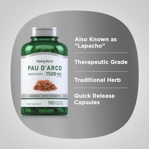 Cápsulas de PAU d’Arco | 1500mg | 180 Unidades | Casca Interna | Extrato Herbal | Não-OGM, Sem Glúten - Piping Rock