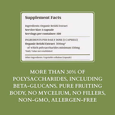 Wise Plants - Suplemento de Cogumelo Reishi. Extrato Duplo, Corpo Frutífero Puro, 30% Polissacarídeos, 500 mg, 120 cápsulas vegetais (Fornecimento de 120 dias). Suporte para Função Imunológica e Hepática Saudável