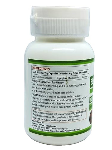 Morsan Nutraveda - Cápsulas de Espinheiro Marítimo (Hippophae Rhamnoides) para Homens e Mulheres | Suplemento Herbal Natural | 500 mg por Porção | 60 Cápsulas Vegetais | Extrato Puro de Espinheiro Marítimo (2…)