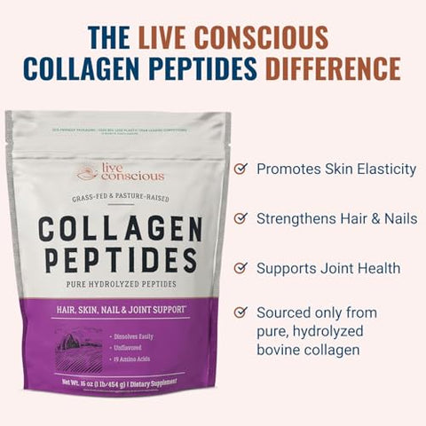 Pó de Peptídeos de Colágeno Live Conscious – Suporte para Cabelo, Pele, Unhas e Articulações – Tipo I – 100g