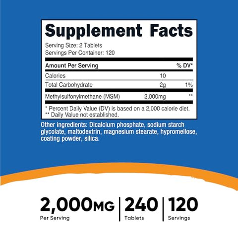 MSM Tablets 2000mg por Porção, 120 Porções, 240 Comprimidos – Livre de OGM e Glúten - Nutricost