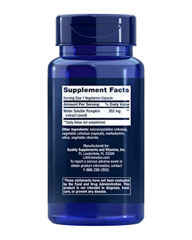 Extrato de Semente de Abóbora Solúvel em Água – Suplemento para Saúde da Bexiga e do Trato Urinário – Não-OGM, Sem Glúten, Vegetariano – 60 Cápsulas - Life Extension